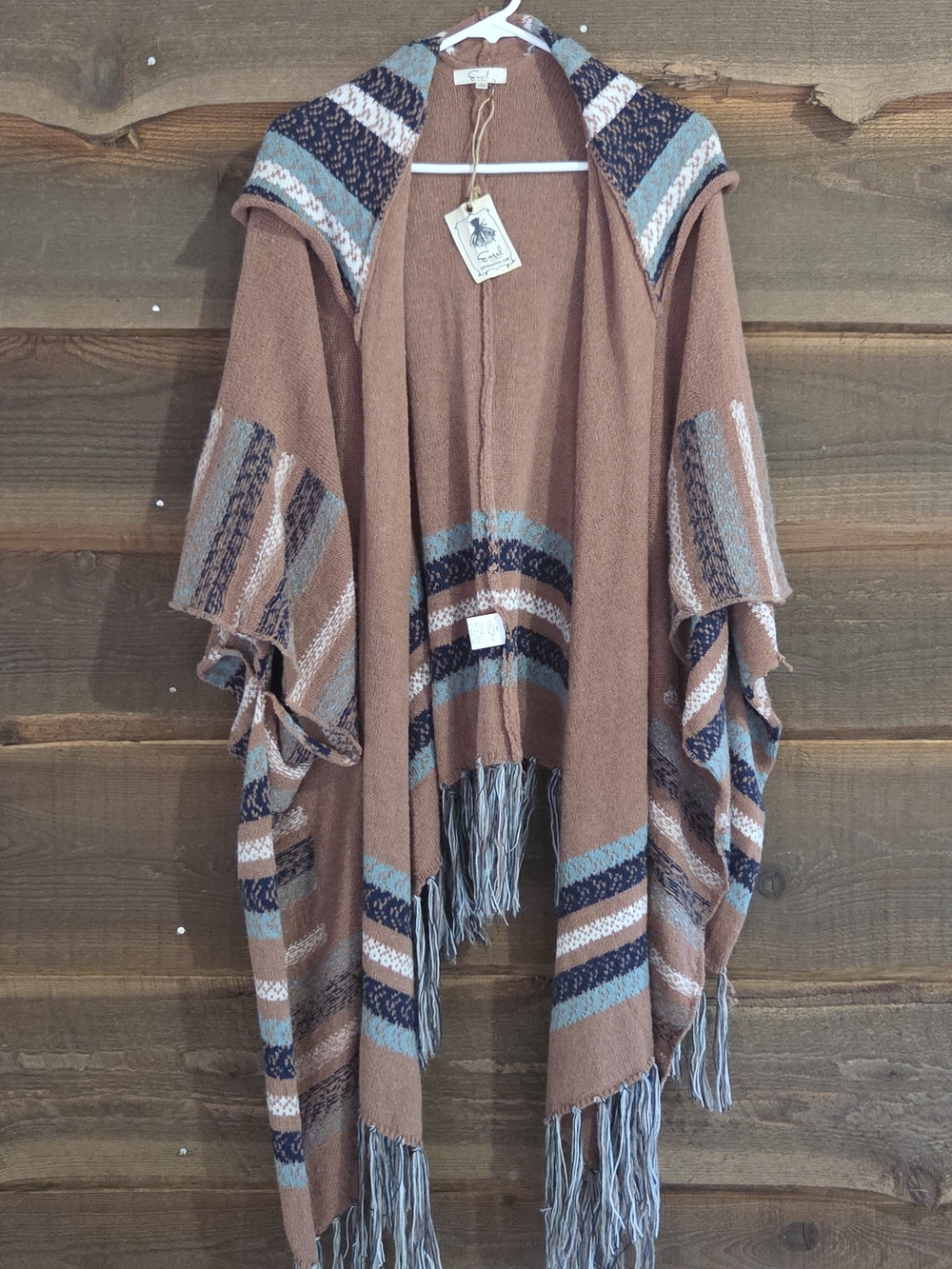 Easel Rust Hooded Fringe Wrap with Blue and Cream Stripes Western Native Indian